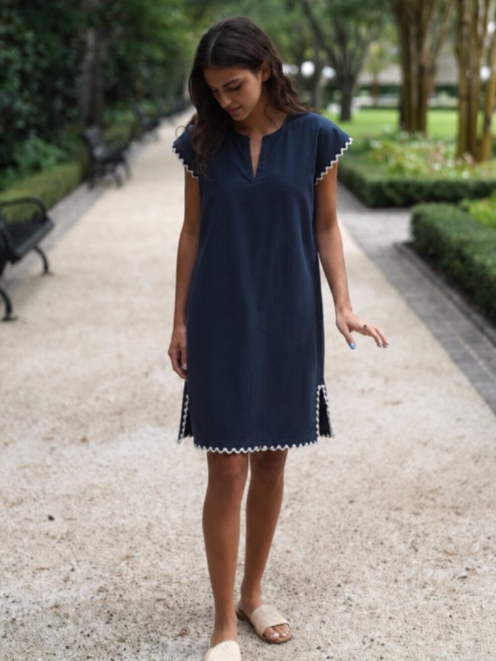 Madison Mathews Navy Cotton Mini T-Shirt Dress Whipstitch Embroidered Trim M